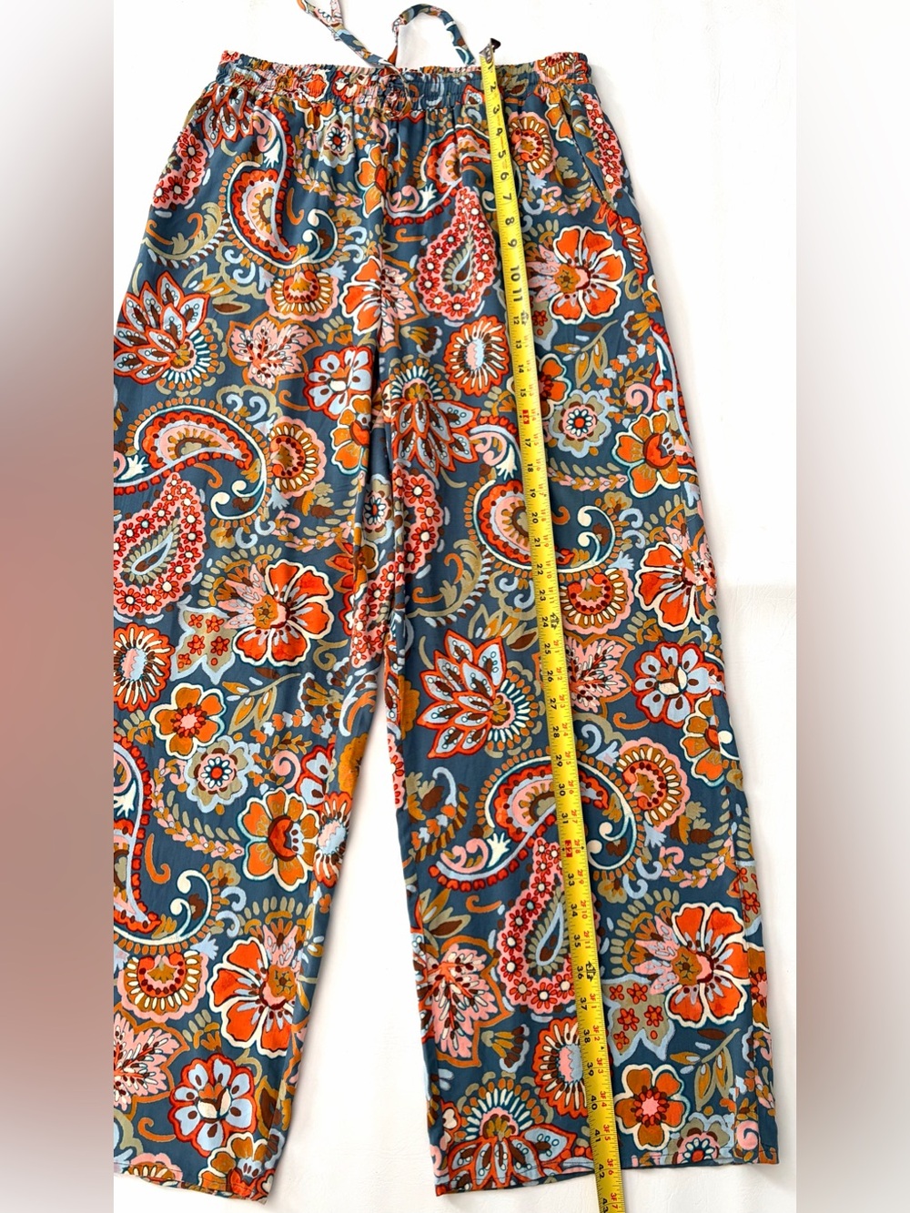 CeCe Pants Floral Paisley Wide Leg Women’s Blue Boho Drawstring Relaxed Medium - Picture 4 of 11